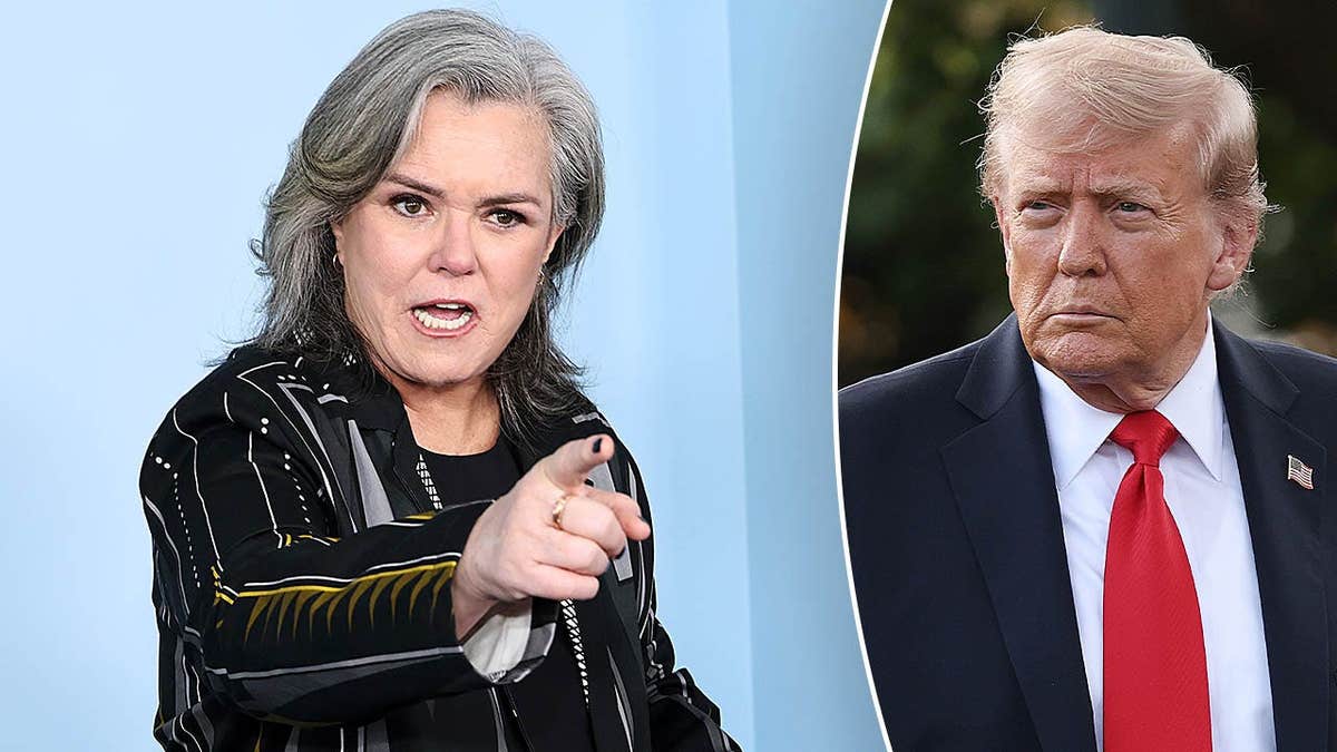 A split image of Rosie O'Donnell pointing her finger and Donald Trump posing for a photo outside