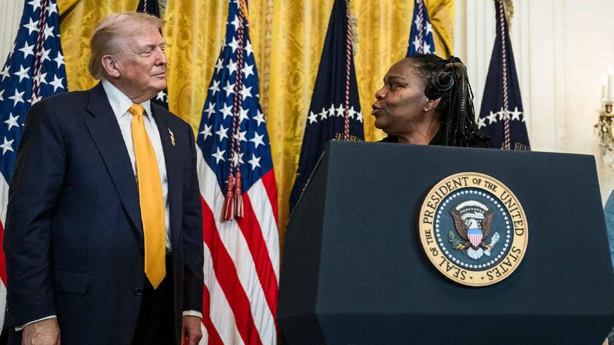 Greta Alexander speaking to President Trump