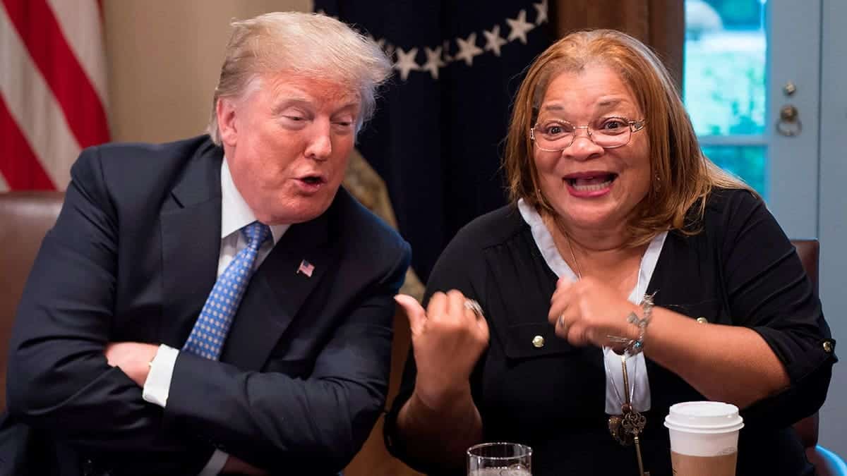 President Donald Trump responds to Dr. Alveda King during a meeting with inner city pastors at the White House.
