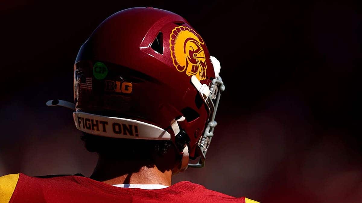 USC Trojans football helmet sits before a game in Los Angeles.