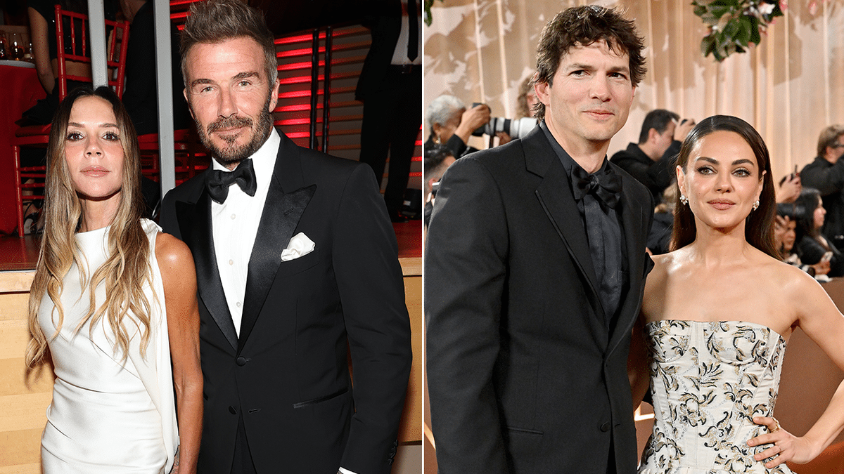 A split of Mila Kunis and Ashton Kutcher and Victoria and David Beckham.