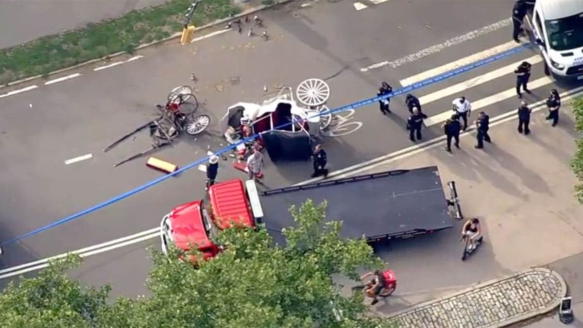 Aerial view of an overturned horse-drawn carriage in Central Park surrounded by police officers, emergency personnel and vehicles