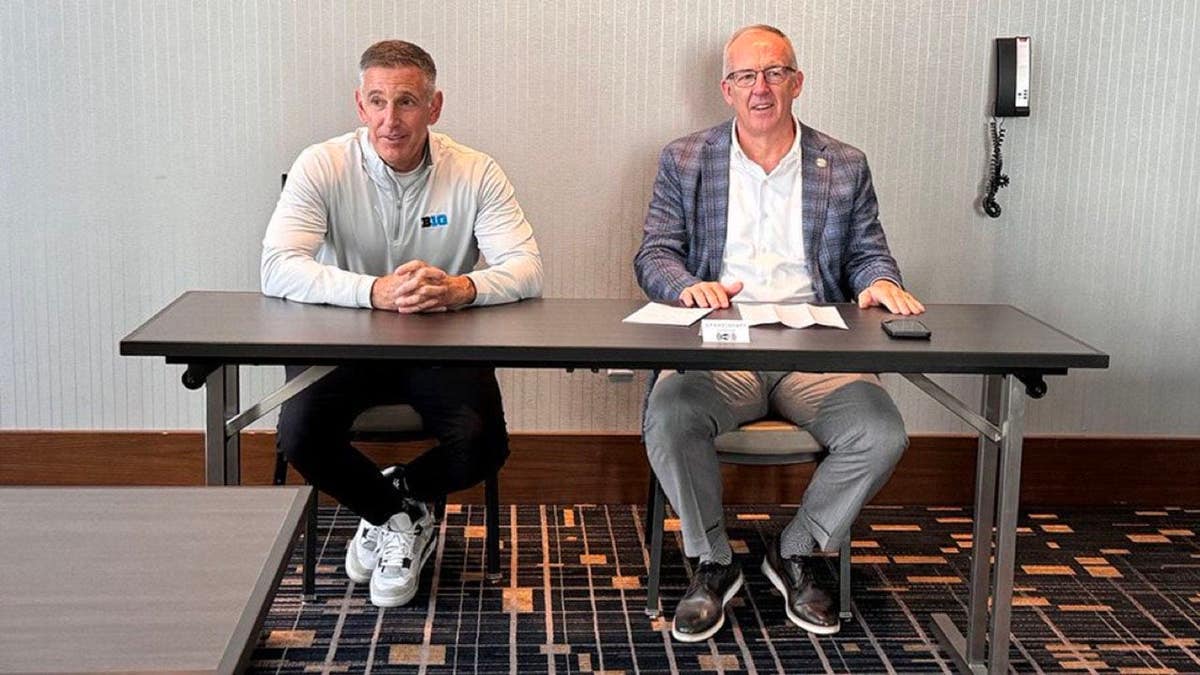 SEC commissioner Greg Sankey and Big Ten commissioner Tony Petitti meet with reporters during a joint press conference in Nashville, Tennessee