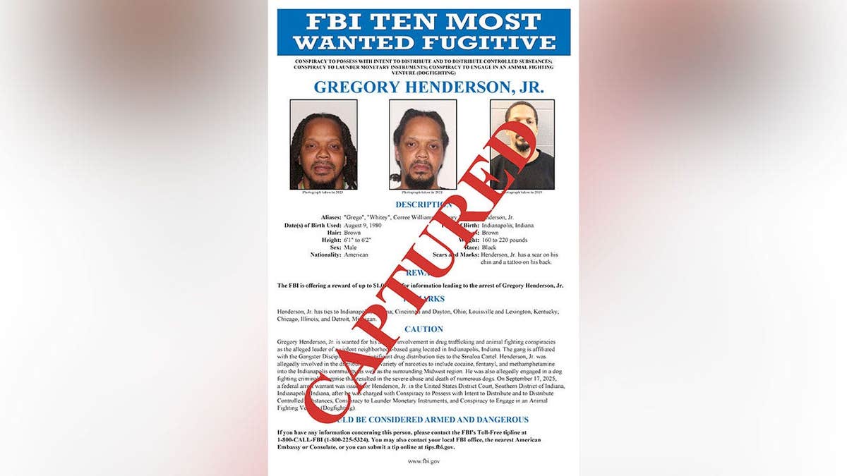 FBI Ten Most Wanted poster for Gregory Henderson Jr. marked captured following his arrest