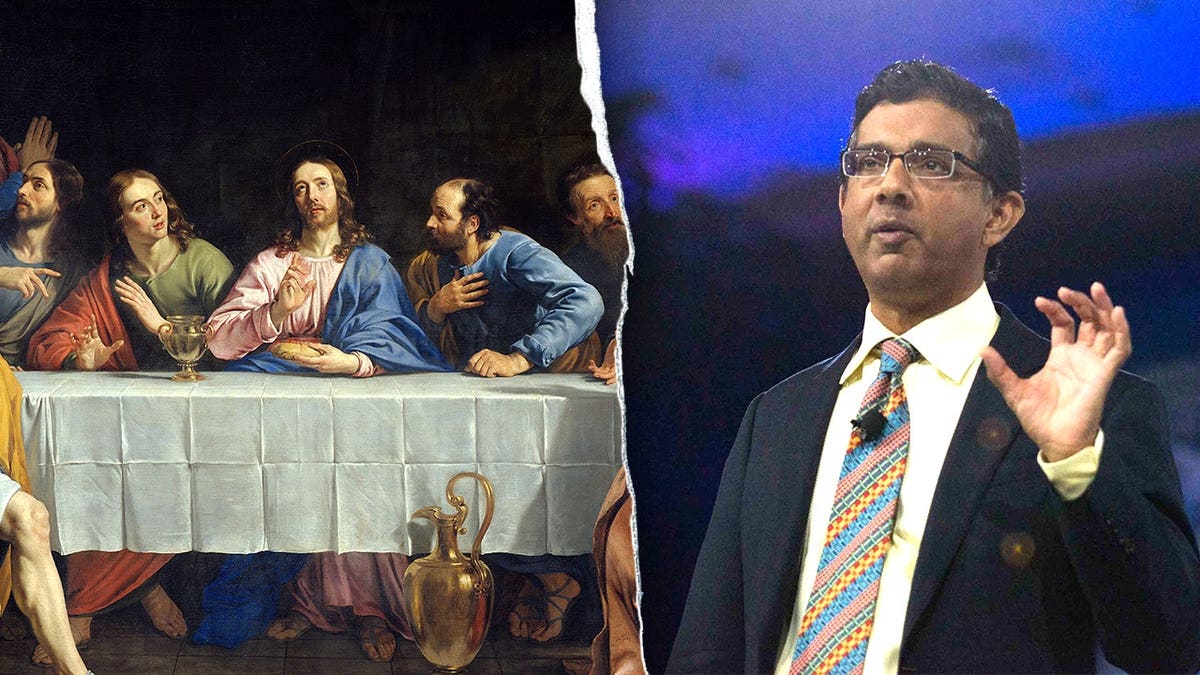 Split image of Last Supper next to Dinesh speaking