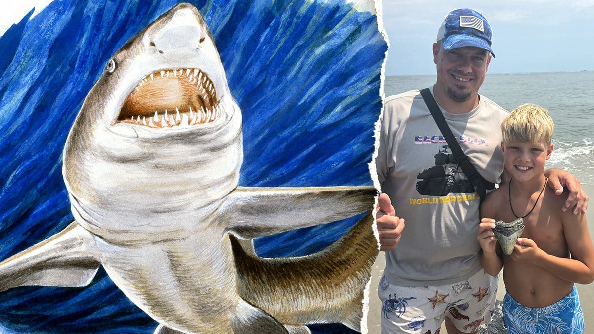 Depiction of Megalodon, Mike and Bo holding tooth on New Jersey beach