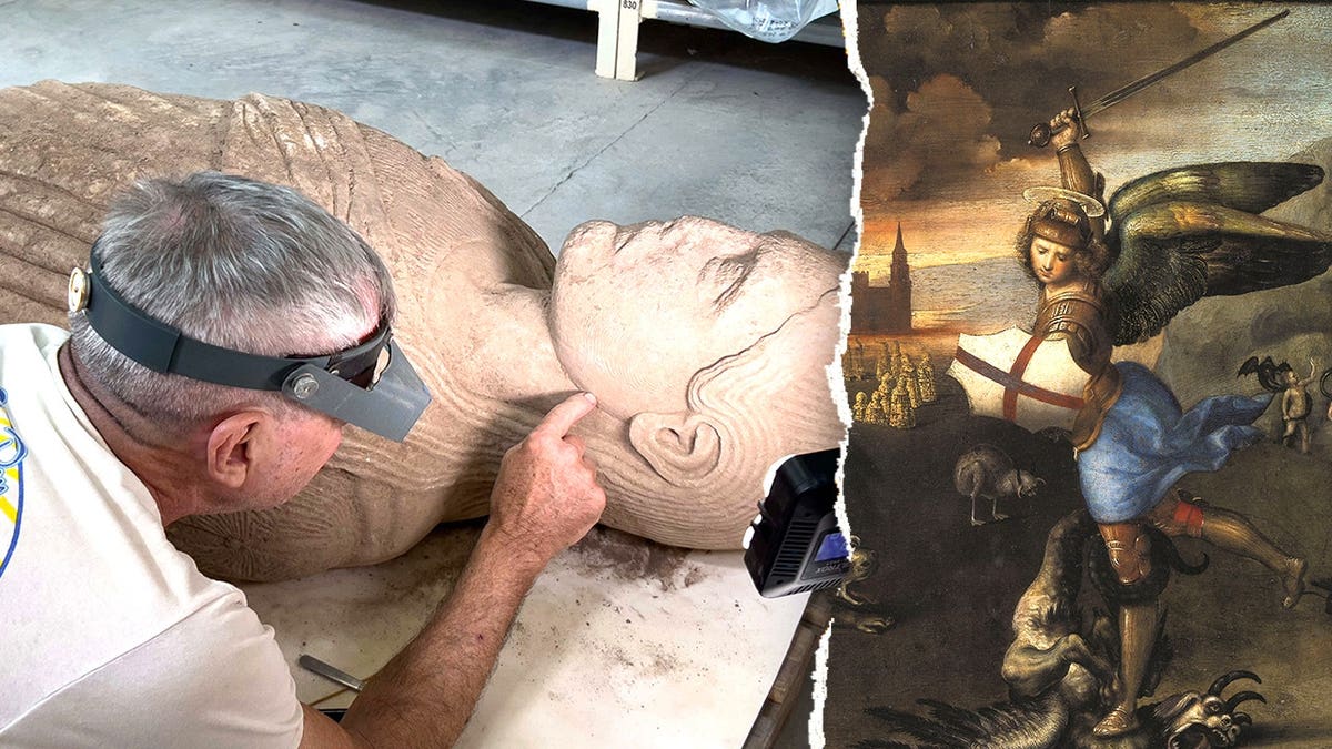 Split image of statue being analyzed, depiction of Book of Revelation