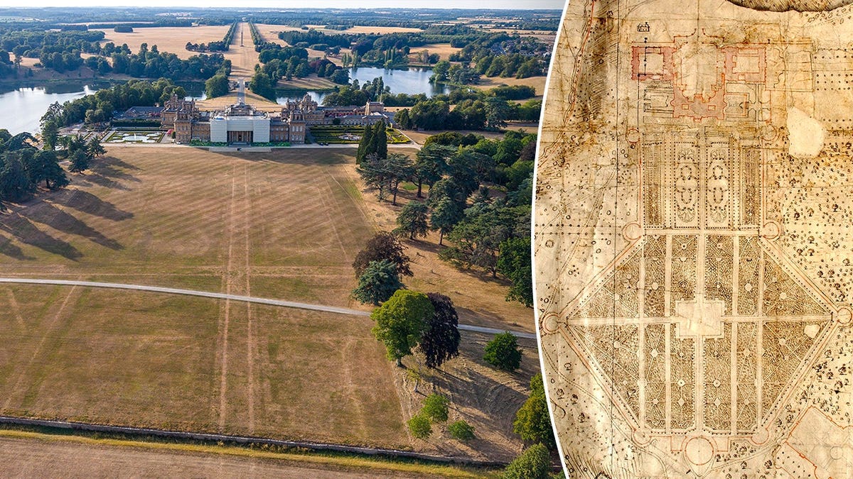 Split image of aerial of palace grounds, 18th century map