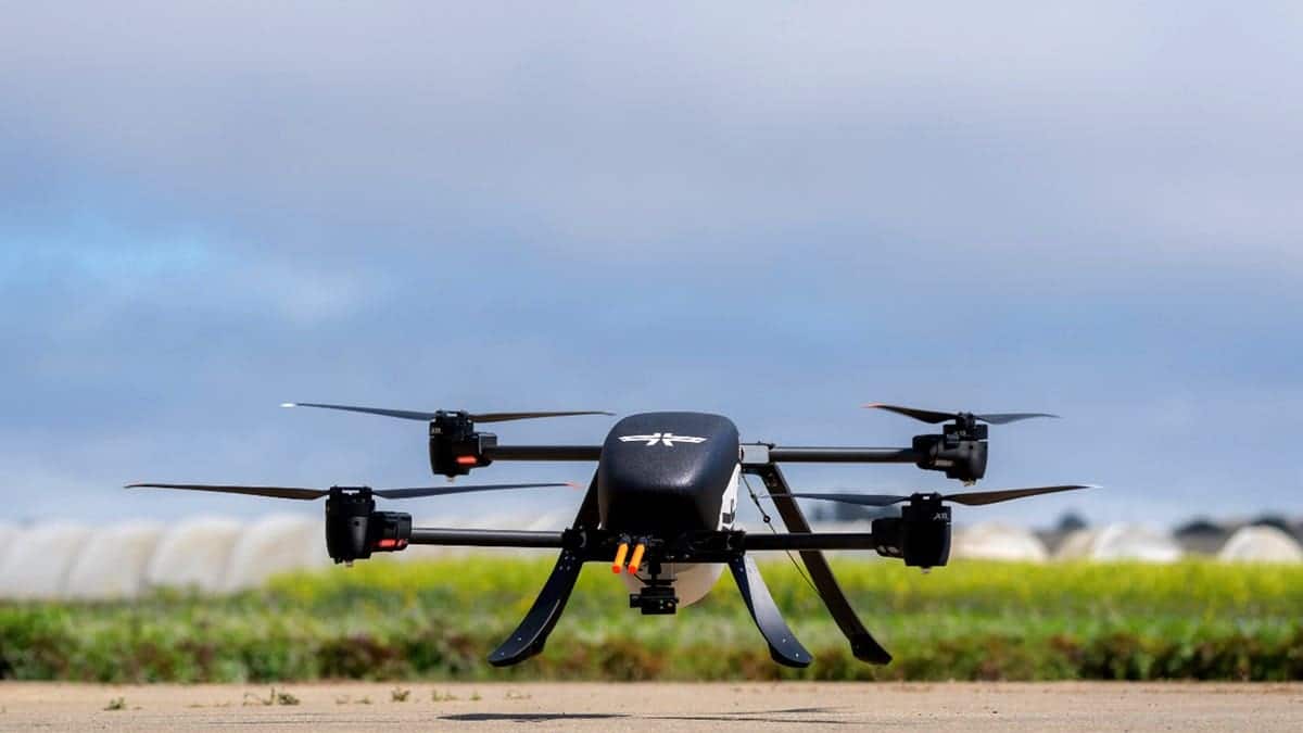 A firefighting drone takes off.