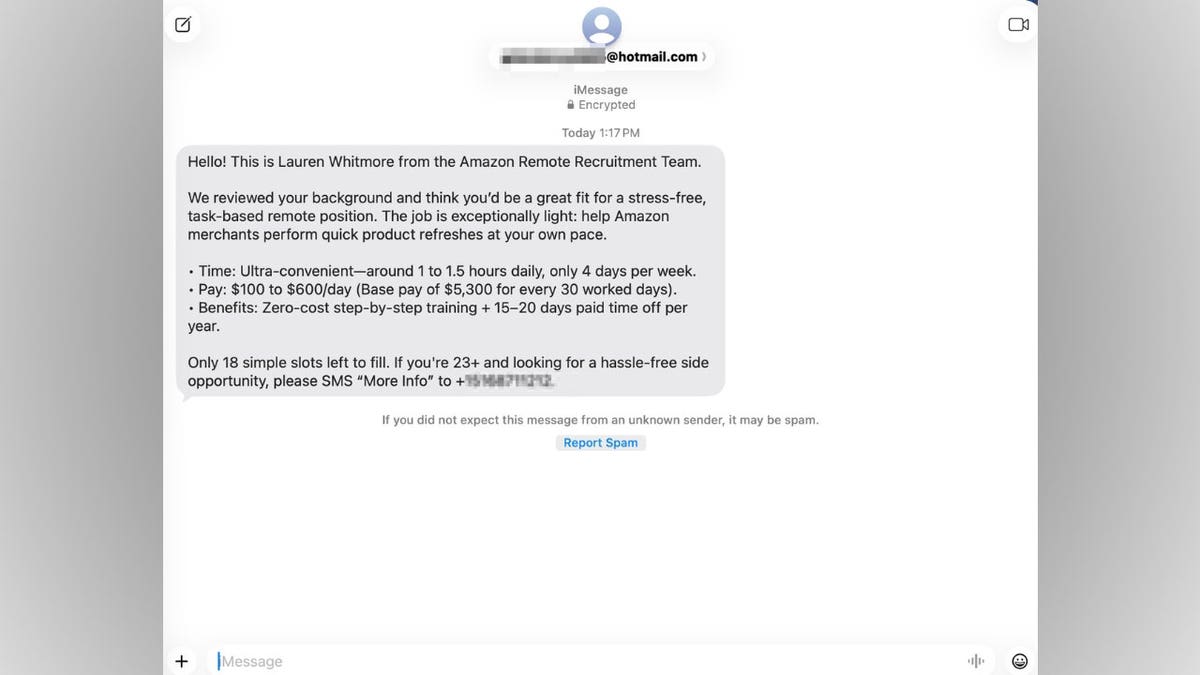 A fake Amazon job offer text.