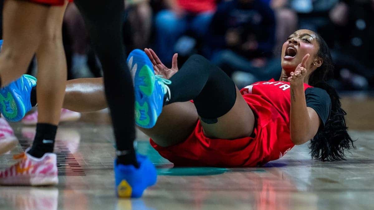 Angel Reese reacts during a WNBA game in Uncasville, Connecticut.