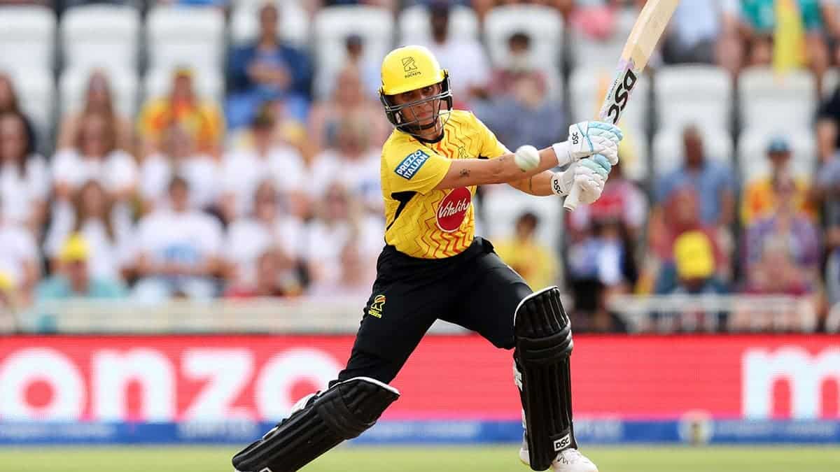 Ash Gardner bats during The Hundred cricket match at Trent Bridge.