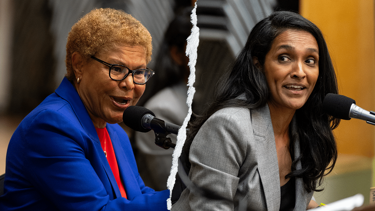 Karen Bass across from Nithya Raman