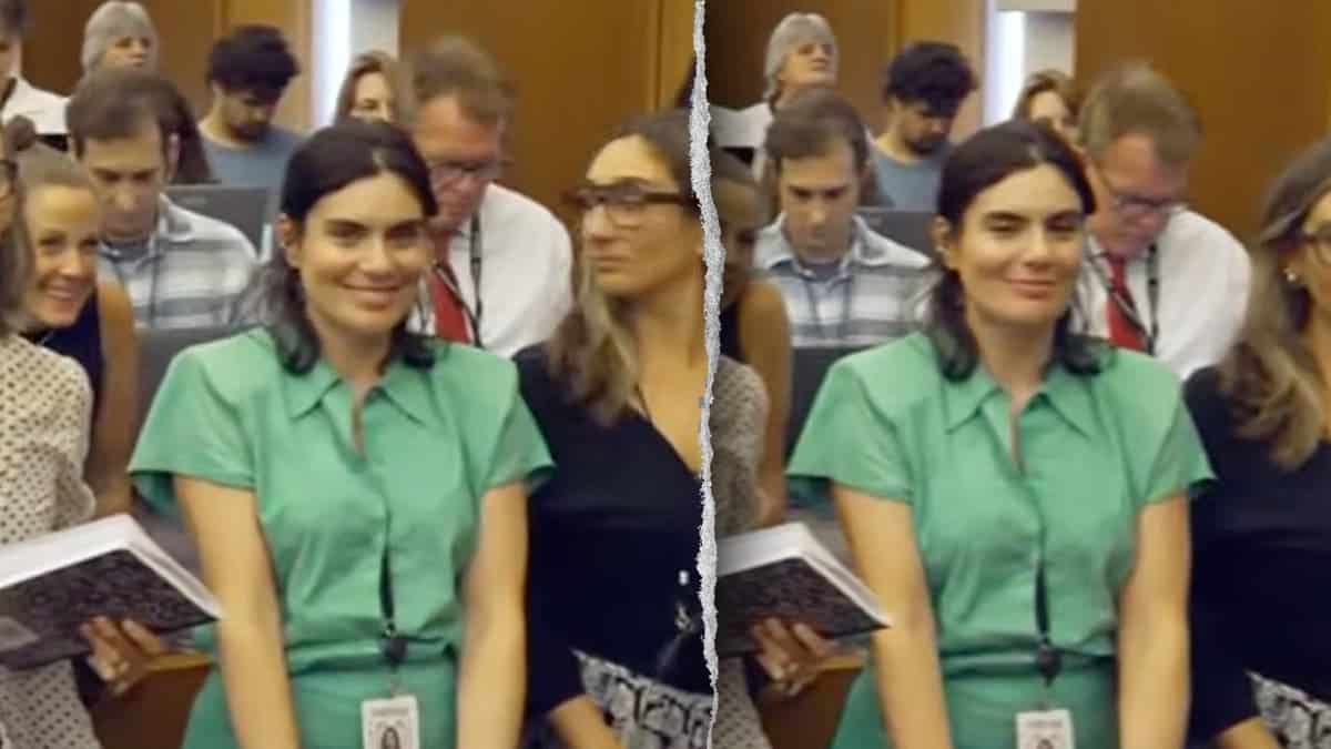 image shows split image of woman in dress in two different shots