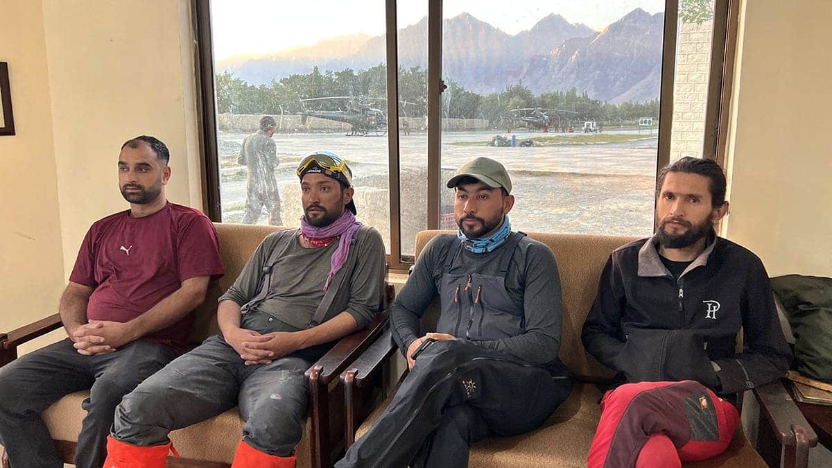 Rescue team members prepare to depart from an airbase in Skardu, Pakistan.
