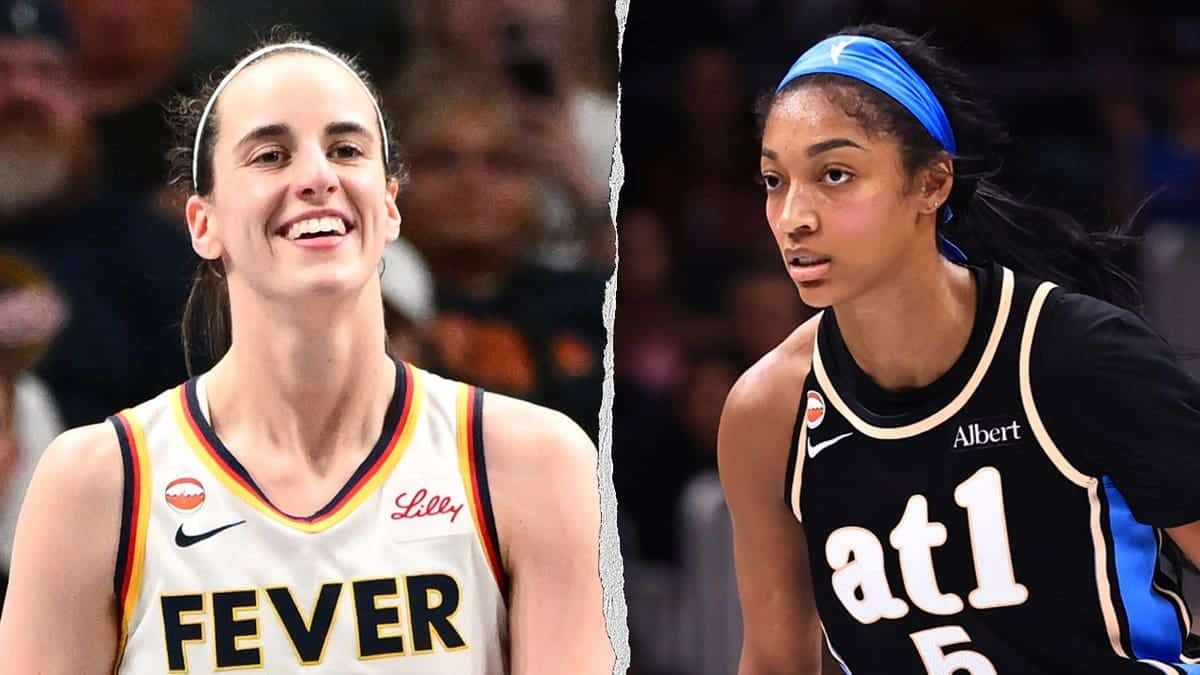 Caitlin Clark of the Indiana Fever celebrates beside a photo of Angel Reese wearing an Atlanta Dream uniform during WNBA action.