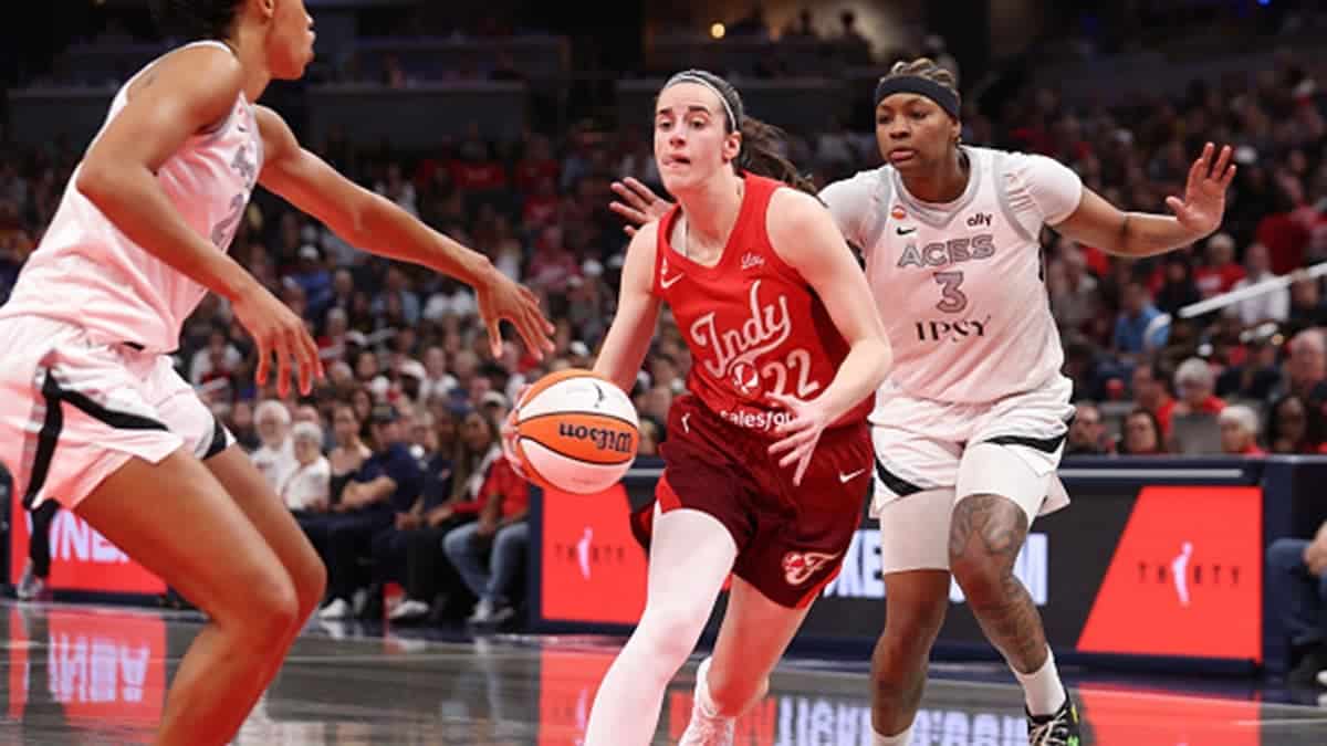 Caitlin Clark drives to the basket during Indiana Fever game against Las Vegas Aces.