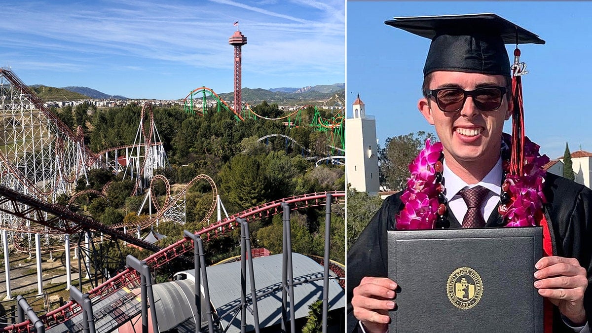 split image of Christopher Hawley in graduation gown and amusement park