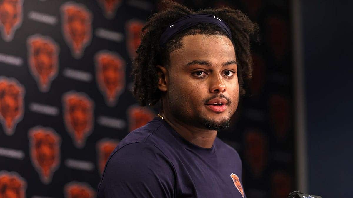 Coby Bryant #2 speaks to media at Halas Hall.