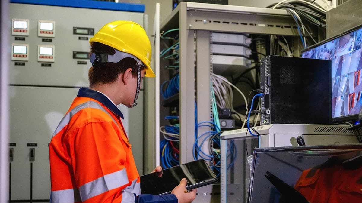 IT technician holding tablet inspecting server rack network data center, maintaining telecommunication server room, checking cables mainframe cabinet, auditing hardware networking router station