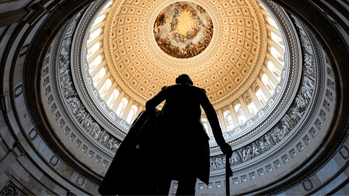 A sculpture of former U.S. President George Washington in the Rotunda of the U.S. Capitol on April 8, 2026.