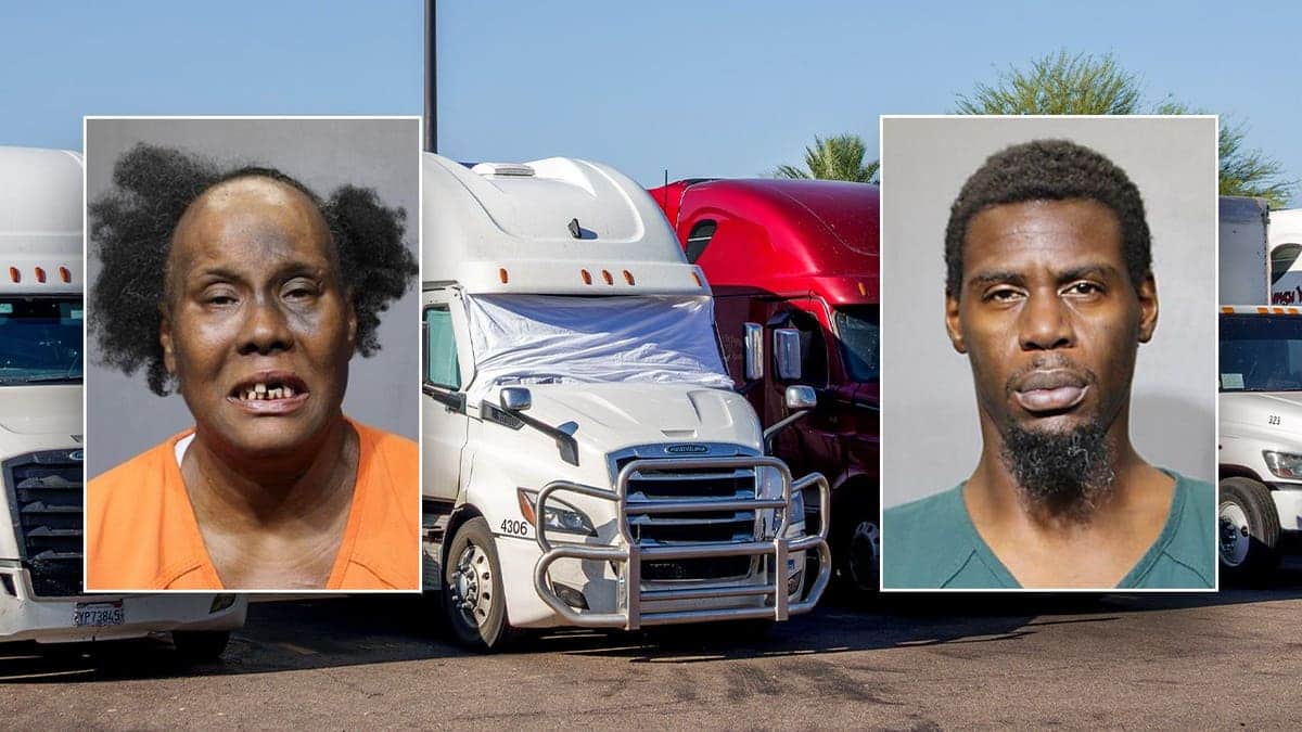 Trailer-tractor rigs are parked in a row with two mugshots overlayed.