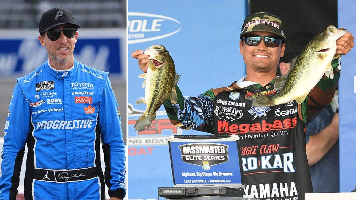 split image of NASCAR driver Denny Hamlin and angler Chris Zaldain