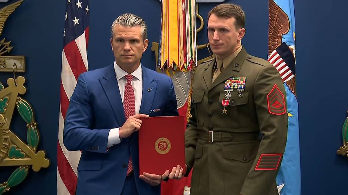 Secretary of War Peter Hegseth presents an upgraded Bronze Star with