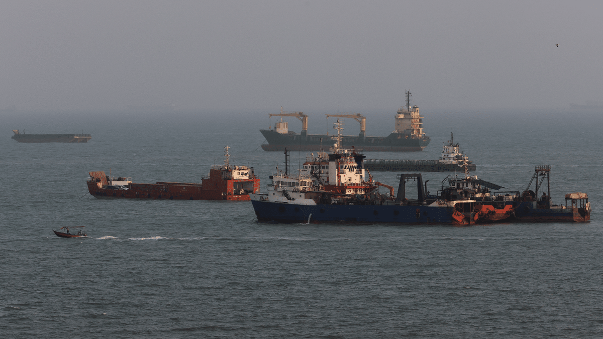 Ships are anchored in the Strait of Hormuz