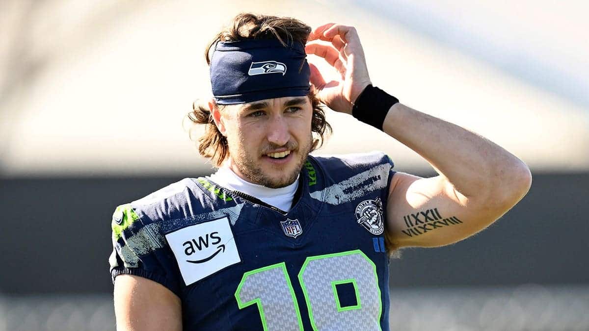 Jake Bobo stands during Seattle Seahawks practice at San Jose State University.