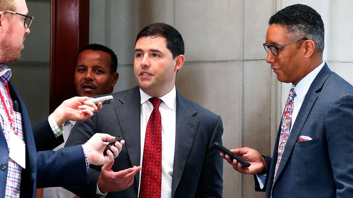 San Francisco 49er's owner Jed York talks with reporters as he leaves the NFL owner's spring meeting Wednesday, May 23, 2018, in Atlanta. York abstained from voting on the NFL's new national anthem policy. (AP Photo/John Bazemore)