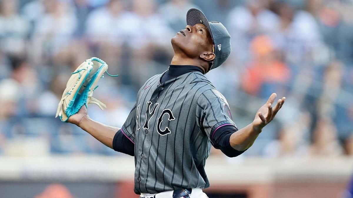 Jefry Yan #84 reacts after the ninth inning at Citi Field.