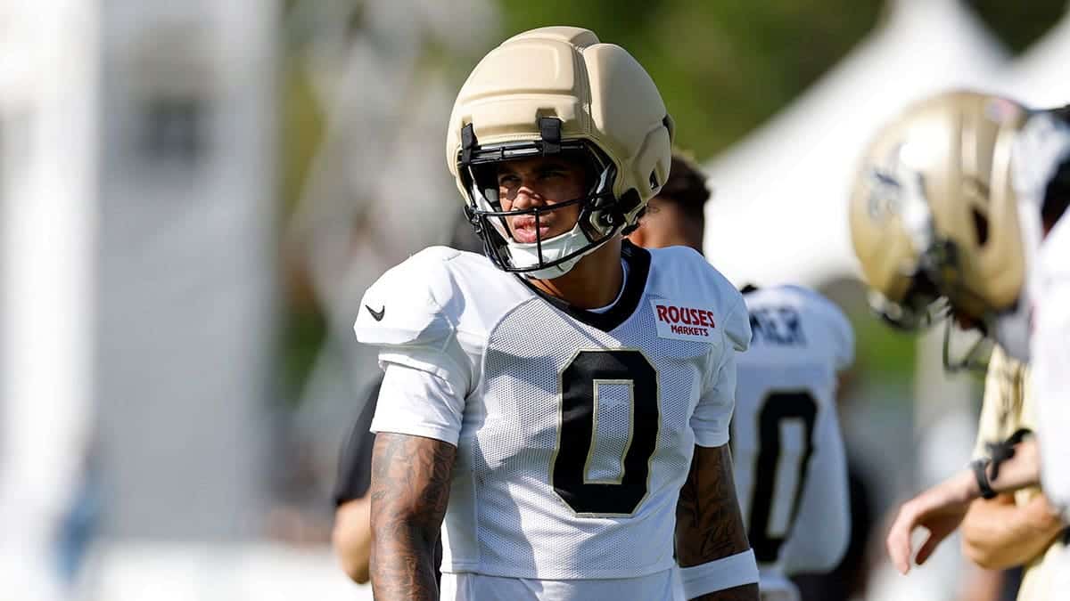 Jordyn Tyson, New Orleans Saints, participates in drills during joint practice.