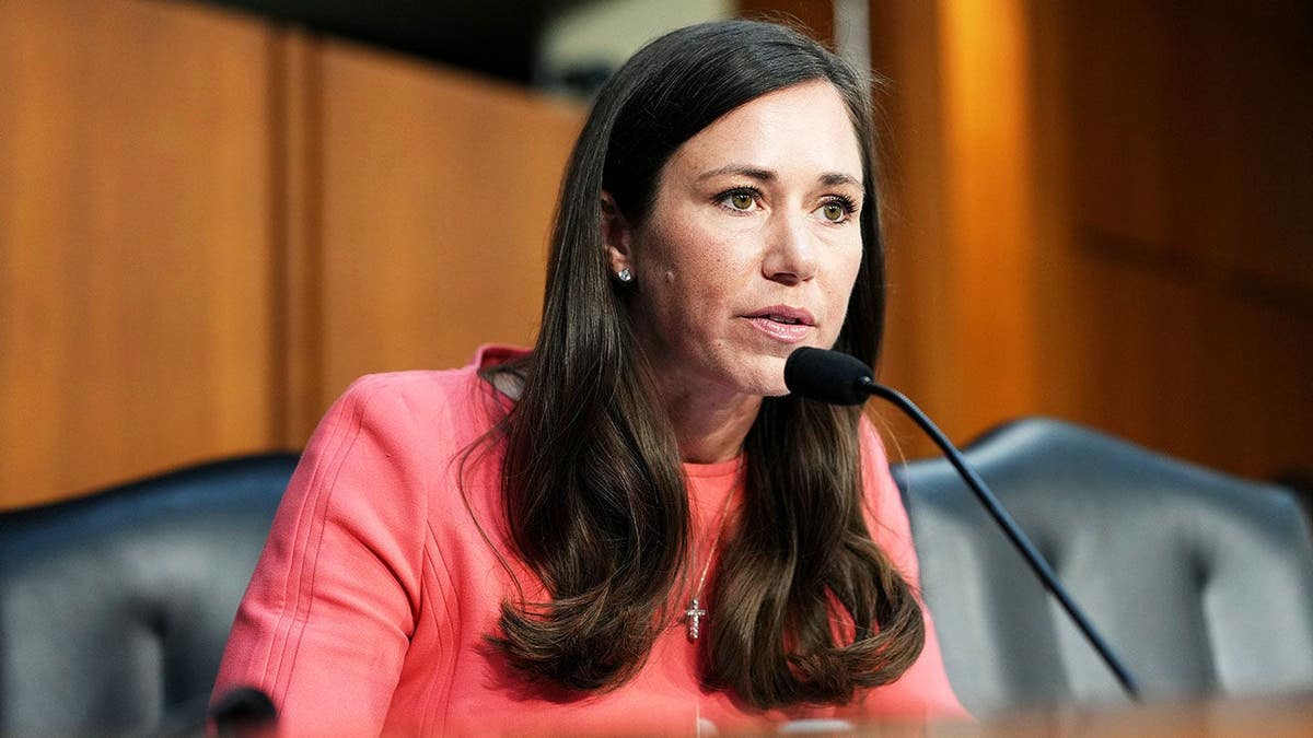 Sen. Katie Britt seated at a Senate Judiciary Committee confirmation hearing for acting Attorney General Todd Blanche on Capitol Hill.