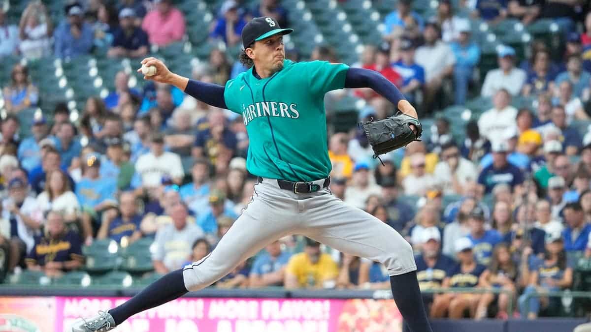 Logan Gilbert, Seattle Mariners pitcher, delivers a pitch against the Milwaukee Brewers.