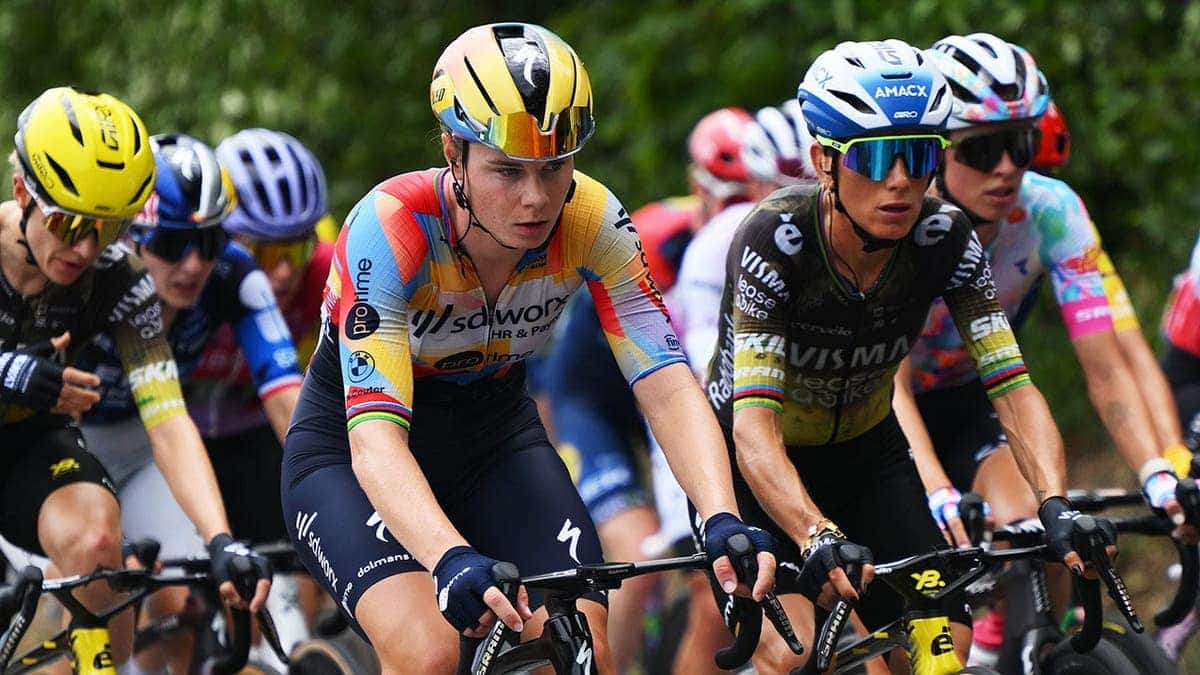 Lotte Kopecky of Belgium and Pauline Ferrand-Prevot of France race during Stage 3 of the Tour de France Femmes.