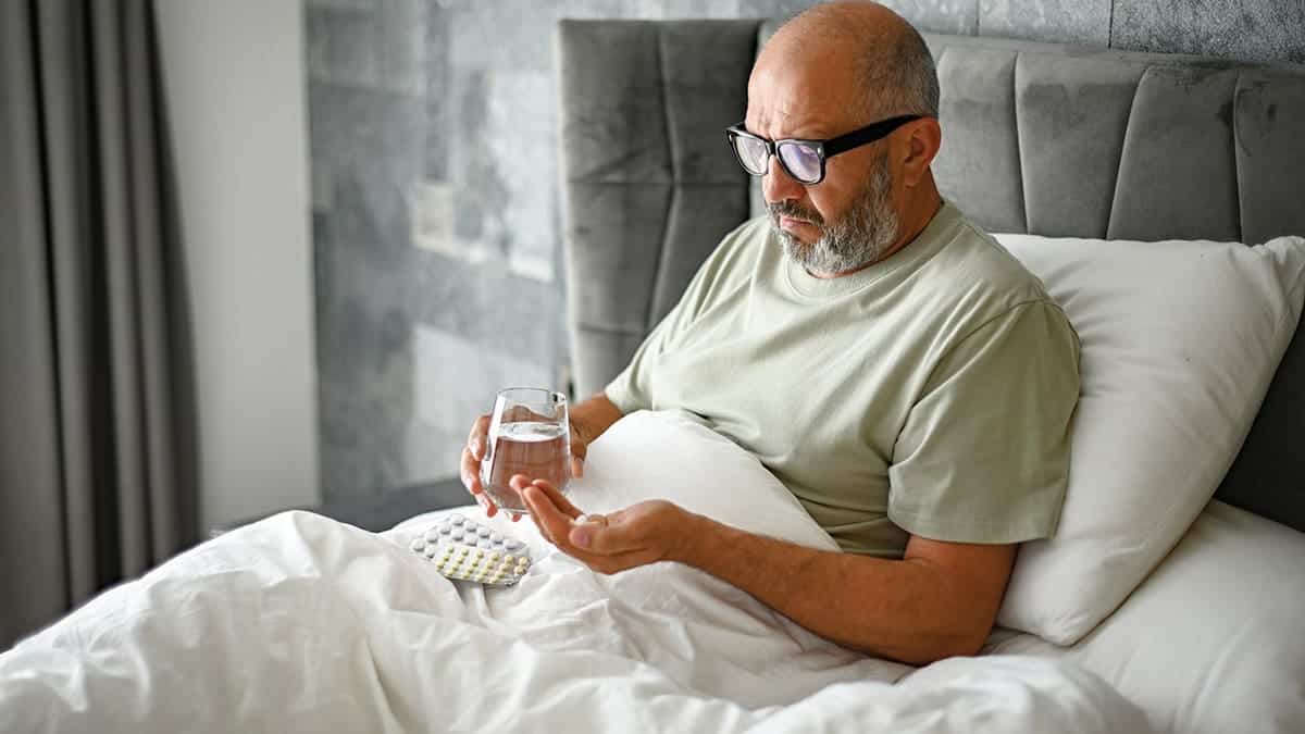 Man takes medication in bedroom interior.