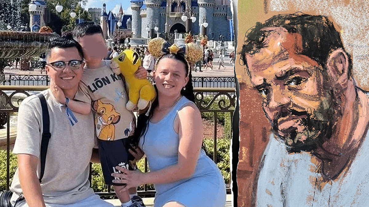 Sara Sanchez and Andres Garcia family photo alongside a courtroom sketch of Manuel Hernandez