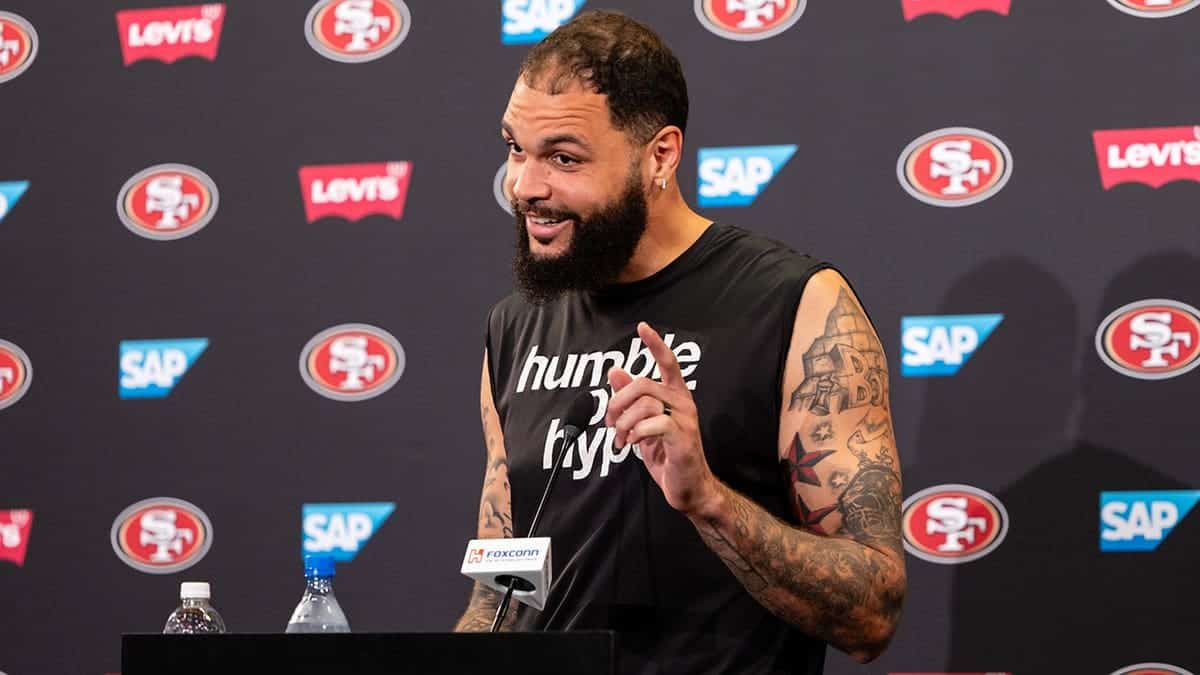 Mike Evans speaks with the media after practice in Santa Clara, Calif.
