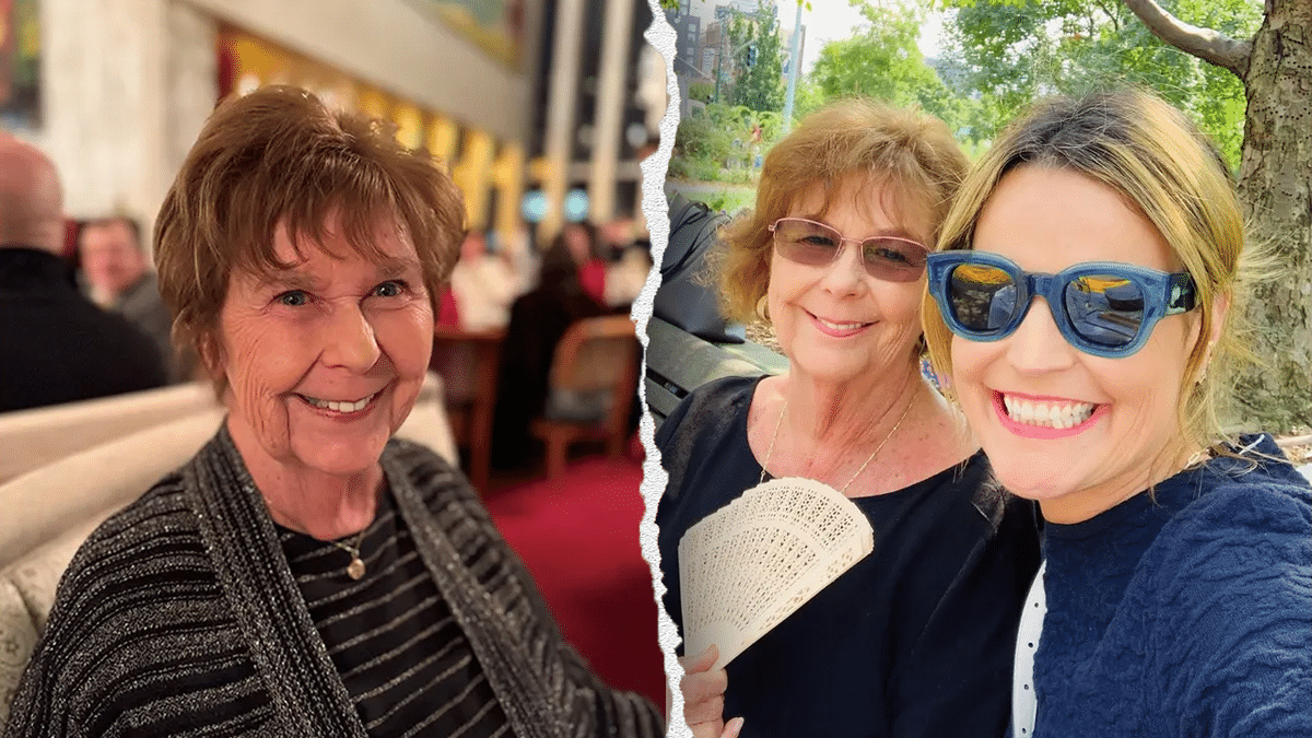 A split image showing Nancy Guthrie alone on the left and Nancy with her daughter and