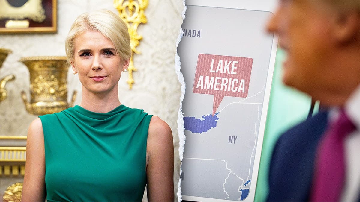 A split image of Trump aide Natalie Harp and Trump's renaming ceremony for Lake Ontario