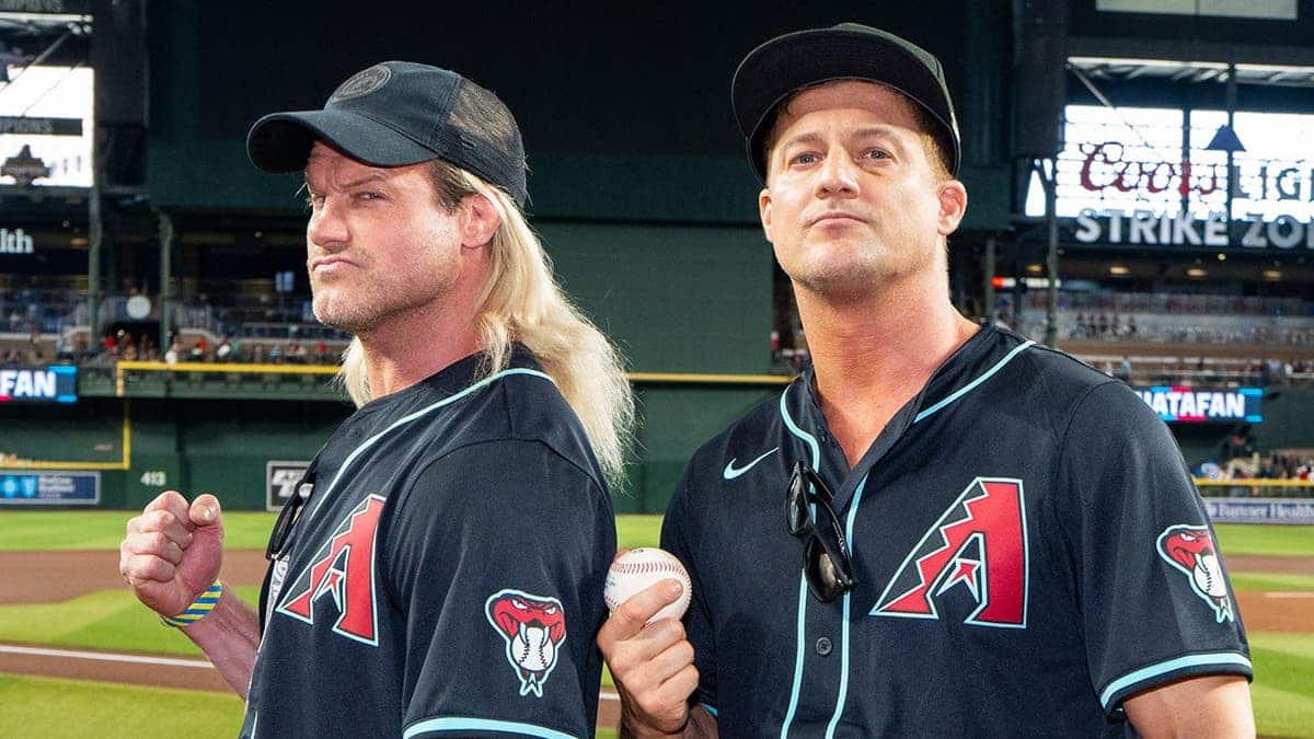 Nic Nemeth and Ryan Nemeth throw out a ceremonial first pitch at Chase Field.