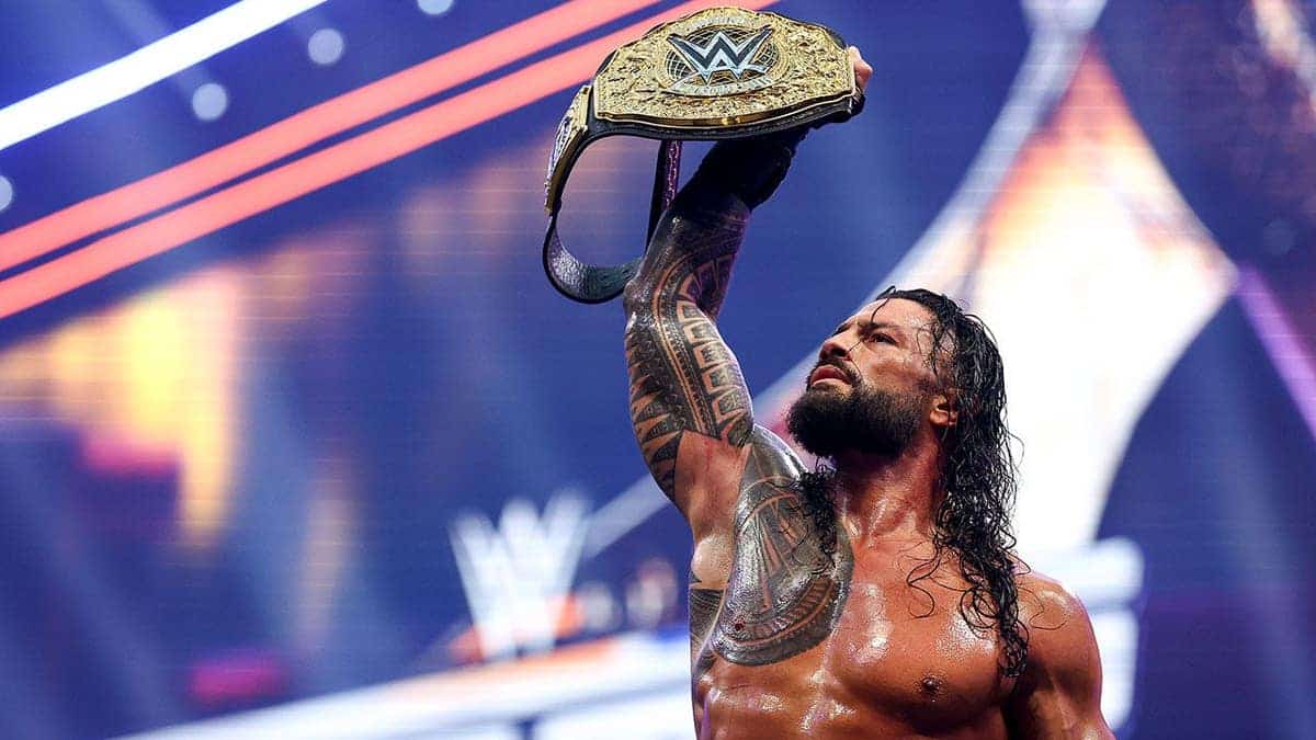 Roman Reigns celebrates at U.S. Bank Stadium.