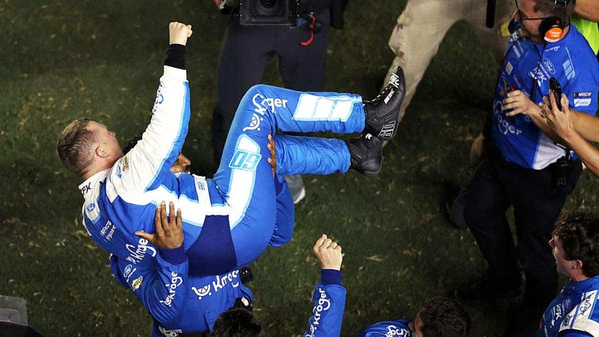 Ryan Preece celebrates with his crew after winning a NASCAR Cup Series race.