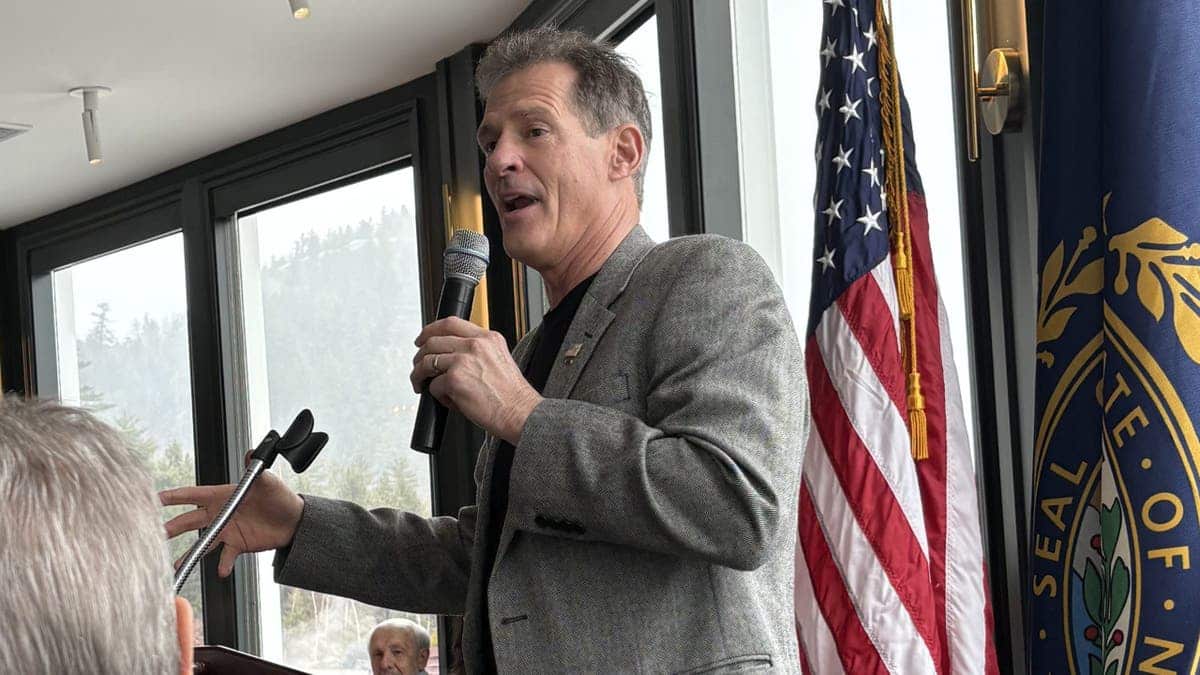 Former Sen. Scott Brown, seen speaking at the Carroll County GOP Lincoln Day luncheon, on April 12, 2025, in North Conway, New Hampshire.