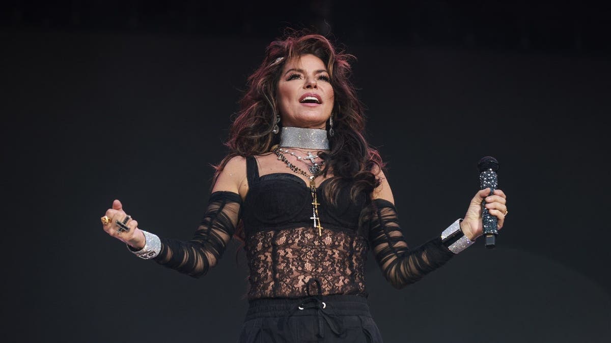Shania Twain performs on stage at Thomond Park Stadium.