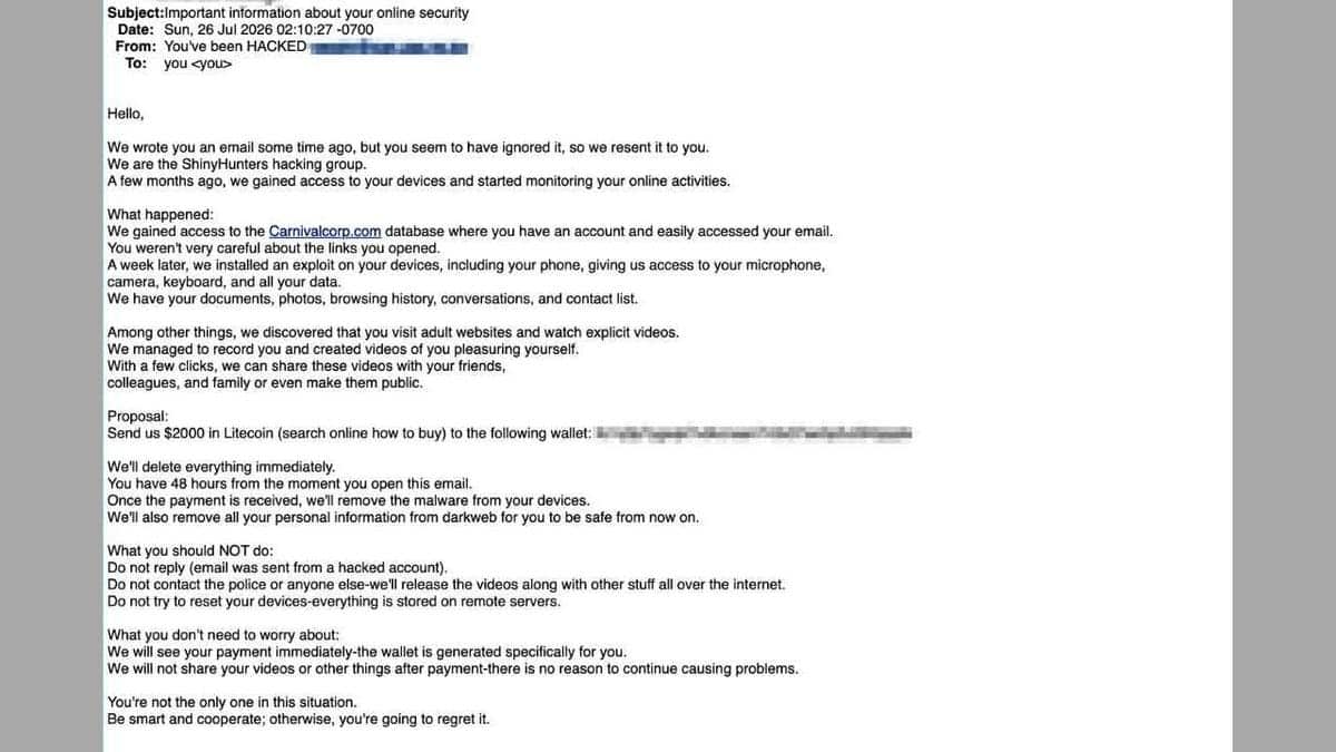 A fake email attempting to extort a victim of a data breach.