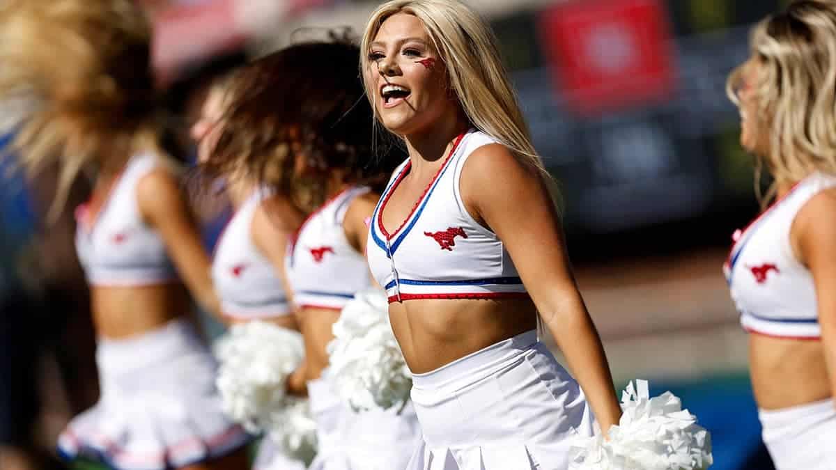 SMU Mustangs Pom Team members perform at Gerald J. Ford Stadium.