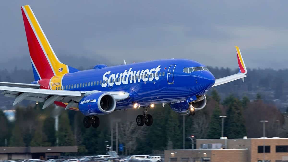 Southwest Airlines flight flying in the air.