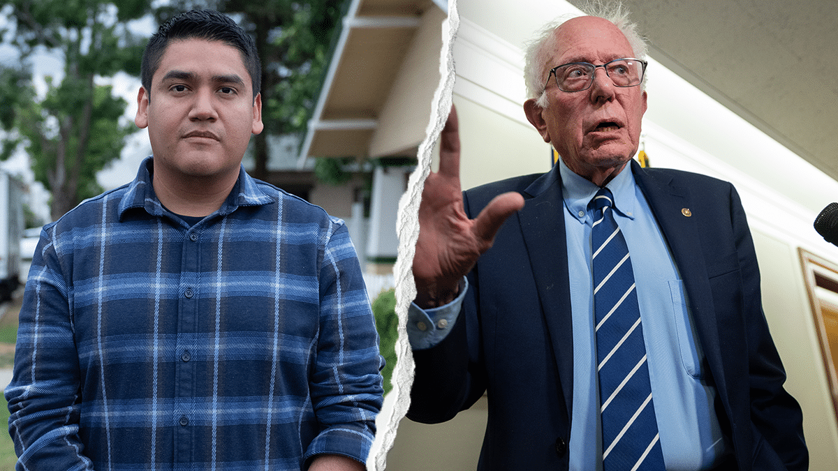 A split image of California Democratic Congressional candidate Randy Villegas and Sen. Bernie Sanders (I-Vt.)